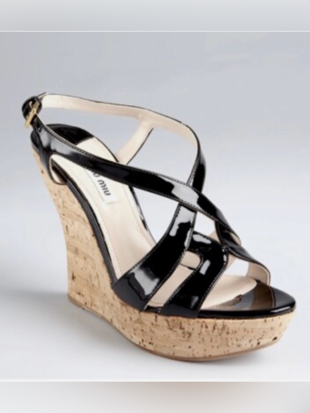MUI MUI Black Patent Leather Wedge Cork Heel Sandals - Picture 2 of 14